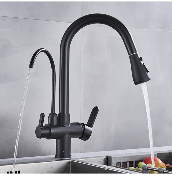 Matte Black Pure Water Kitchen Faucet Dual Handle Hot and Cold Drinking Water Pull Out  Kitchen Mixer Taps