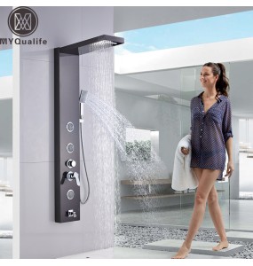 Stainless Steel Black Bath Shower Column Wall Mounted Rain Waterfall Shower Panel Mixers Rotate Body Massage Jets Shower System