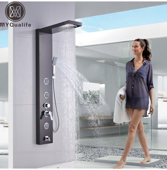 Stainless Steel Black Bath Shower Column Wall Mounted Rain Waterfall Shower Panel Mixers Rotate Body Massage Jets Shower System