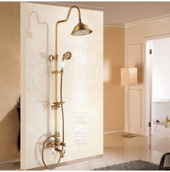 Antique Brass Shower Bath Faucet Sets Wall Mounted EXposed 8