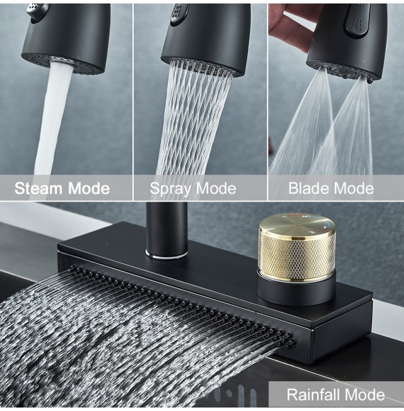 Black Kitchen Faucet With Rainfall Waterfall Wash 4 Function Brass Single Hole Pull Out Mixer Hot Cold Water Taps Deck Mounted