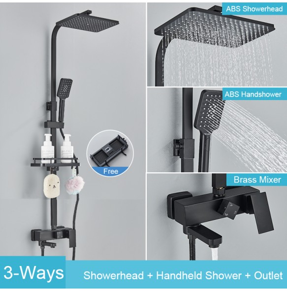 Black Brass Shower Faucet Set Rainfall Bathtub Tap With Bathroom Shelf 4 Functions Height Adjust Shower Mixer Crane Fast Delivey