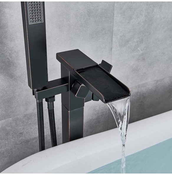 Floor Mounted Waterfall Spout Tub Mixer Faucet Black Bronze Bathroom Bath Shower Set with Handshower Freestanding Bathtub Tap