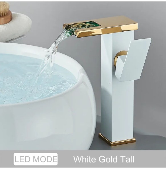 2024 New Black LED Waterfall Basin Bathroom Faucet Deck Mounted Hot Cold Water Mixer Taps Three Color Change By Water Flow