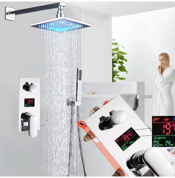 Wall Mounted LED Light Shower Faucet Set Single Handle Bathroom Chrome Shower Mixers 3-ways Concealed Box Mixer Valve