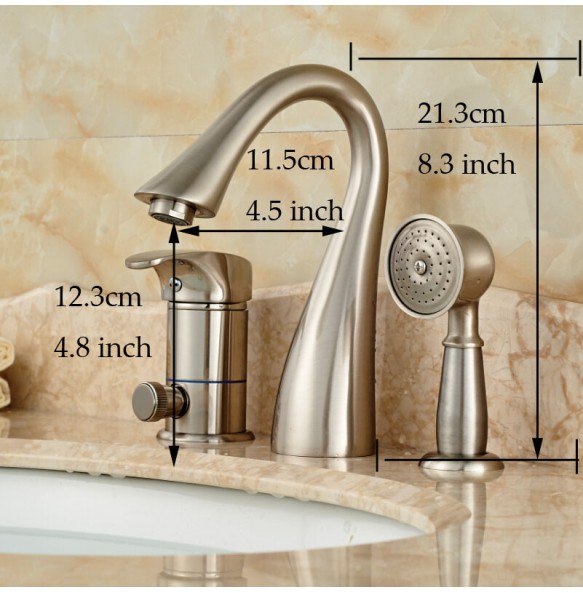 Deck Mounted Widespread 3pc Bathroom Bath Tub Mixer Faucet Brass Handshower Goose Neck Spout Bathroom Mixer Taps