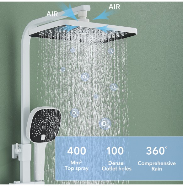 White Thermostatic Shower Faucet Fixed Temperature 3 Way Key Rainfall System Bathtub Tap With Big Showerhead Bathroom Shelf