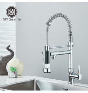 Chrome Pull Down Brass Kitchen Sink Faucet Hot Cold Water Mixer Crane Tap with Dual Spout 360 Rotation Spring Type Faucet