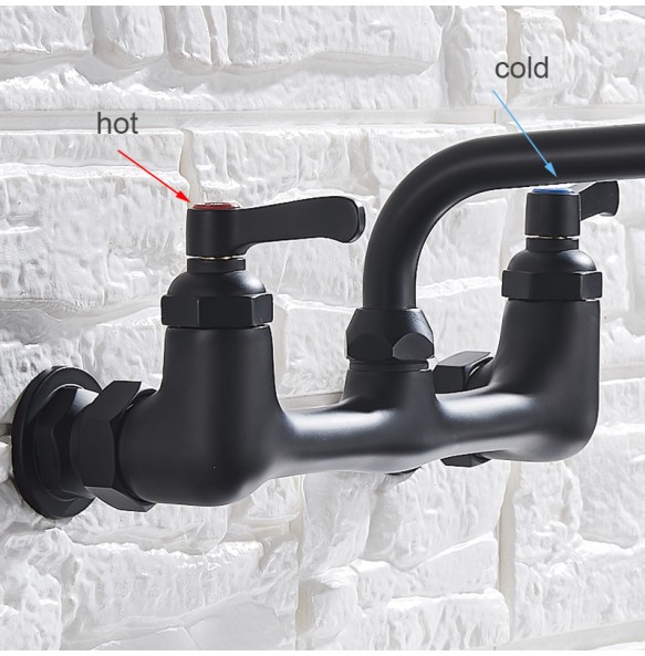 Wall Mounted  Long Spout Kitchen Faucet Dual Handle Brass Antique Hot and Cold Water Tap 360 Swivel Long Spout Kitchen Mixer Tap