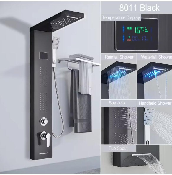 Rain Waterfall LED Shower Panel Black Shower Column Tower Digital Screen TEMP 3 Handle Mixer Tap Spray Bidet Shower Mixer Faucet