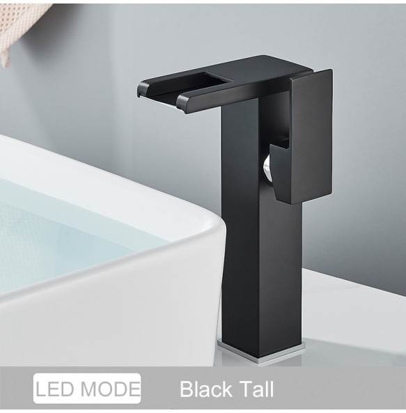 2024 New Black LED Waterfall Basin Bathroom Faucet Deck Mounted Hot Cold Water Mixer Taps Three Color Change By Water Flow