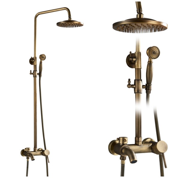 Antique Brass Shower Faucet Mixers Dual Handle Rainfall 8