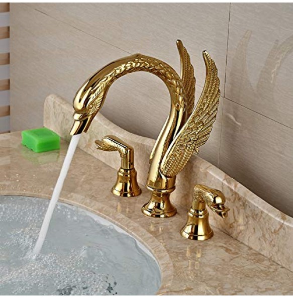 Swan Shape Dual Handle Golden Washing Basin Faucet Widespread Deck Mounted Bathroom Basin Mixer Tap with Hot and Cold Water