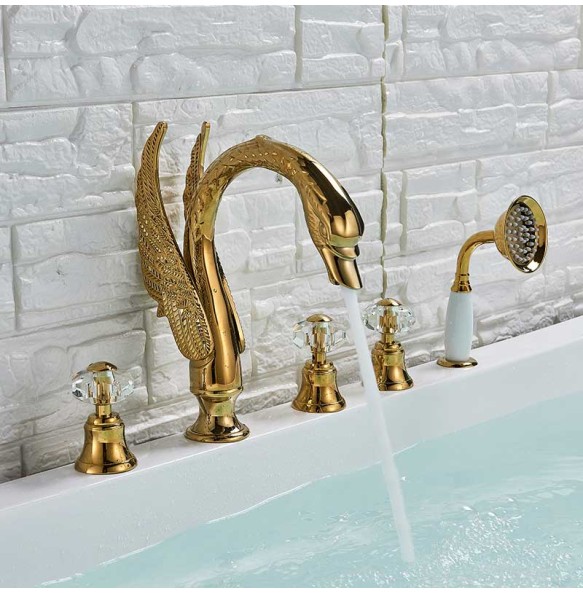 Widespread Swan Bathtub Faucet Golden Tub Mixer Tap Deck Mounted 3 Handle Swan Bath Shower Set with Pull Out Handshower Head