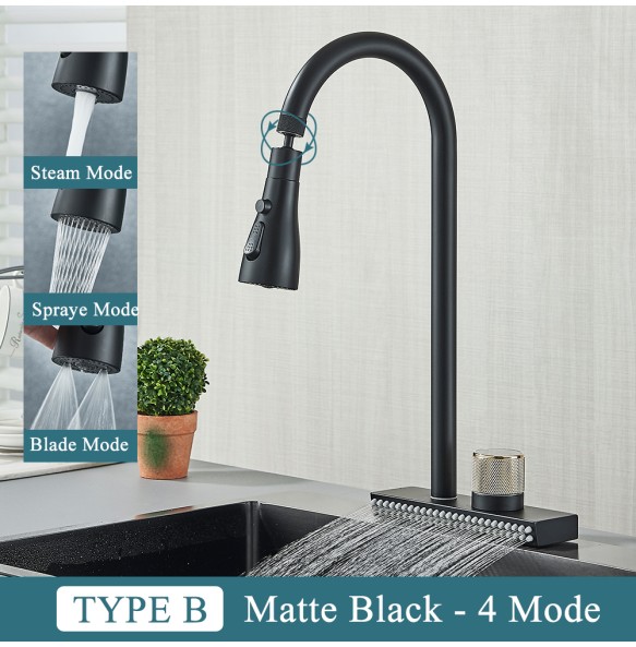 Black Kitchen Faucet With Rainfall Waterfall Wash 4 Function Brass Single Hole Pull Out Mixer Hot Cold Water Taps Deck Mounted