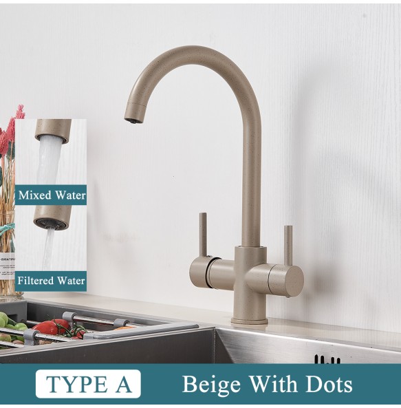 Black Kitchen Filtered Faucet Beige with Dots Brass Purifier Mixer Double Sprayer Drinking Water Curved Sink Tap 360 Rotate