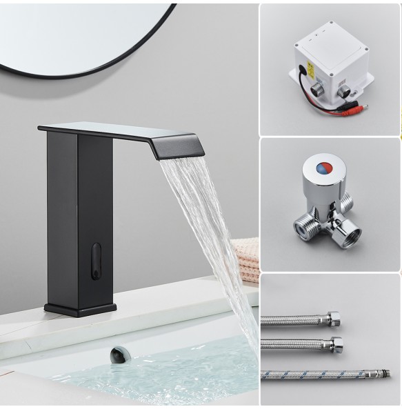 2024 New Black Sensor Basin Faucet Bathroom Automatic Sensor Watefall Faucet Touchless Free Touch Sink Tap Hot Cold Water Mixer Crane