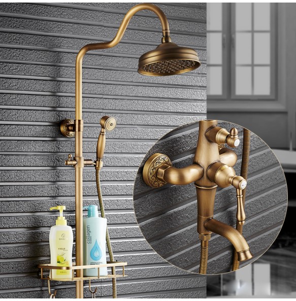 Antique Brass Shower Mixer Faucet Set One Handle with Storage Holder Shower Faucet Taps Swivel Tub Spout 8