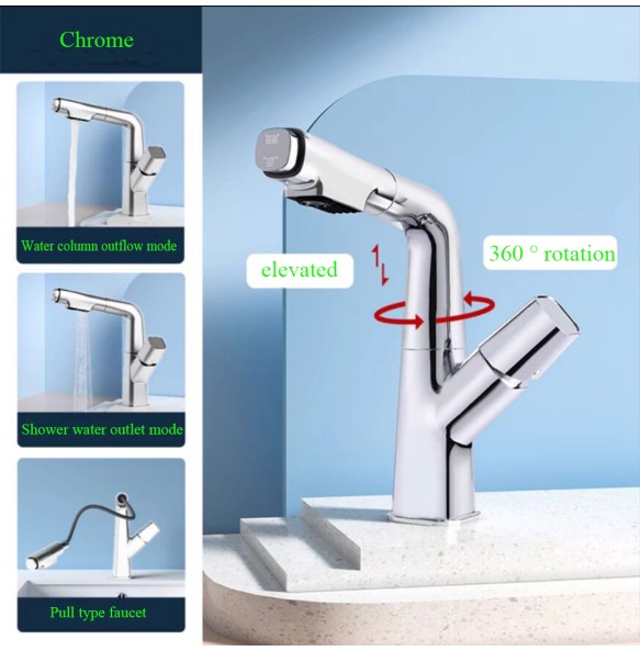 Chrome Basin Faucet Pull Out  Nozzle Adjustable Faucet Kitchen Mixer Crane Hot and Cold Taps