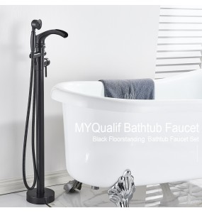 MYQualife Matte Black Floorstanding Bathtub Faucet Set Dual Handle Floor Mounted Bath Tub Mixers Swive Spout Tub Faucet