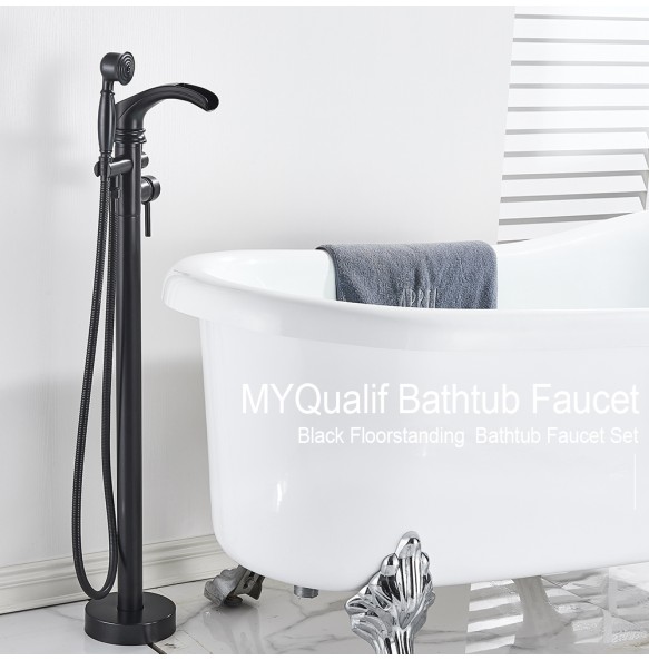 MYQualife Matte Black Floorstanding Bathtub Faucet Set Dual Handle Floor Mounted Bath Tub Mixers Swive Spout Tub Faucet