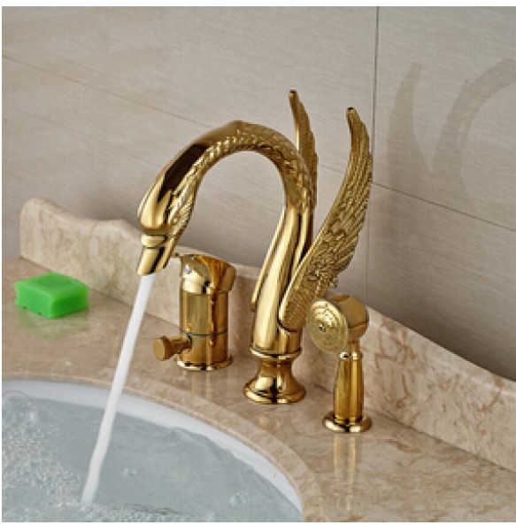 Golden Widespread 3pcs Swan Bathtub Faucet Deck Mount with Handheld Shower Bathroom Tub Mixer Taps