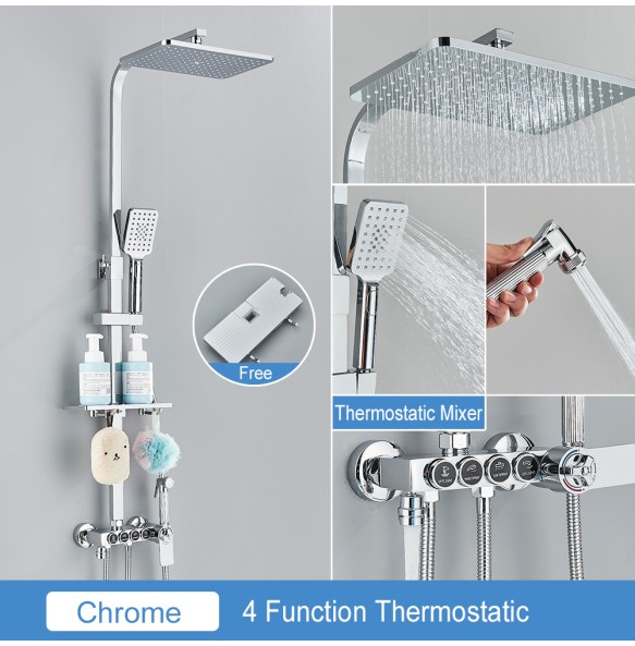 Black Thermostatic LCD Shower Faucet Set Temperature Display Rainfall Bathtub Tap With Bathroom Shelf Electricity By Water