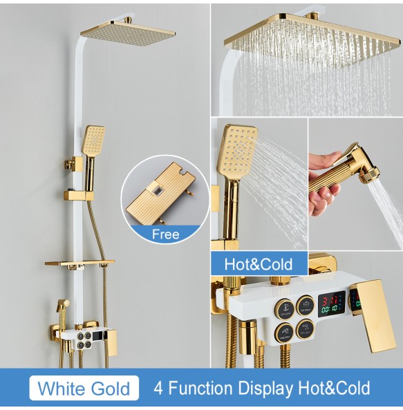 Black Thermostatic LCD Shower Faucet Set Temperature Display Rainfall Bathtub Tap With Bathroom Shelf Electricity By Water