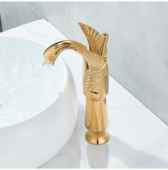 2024 New Swan Shape Bathroom Mixer Faucet Tap Deck Mount One Hole Water Taps with Hot Cold Water Golden Color Basin Faucet One Handle