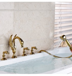 Golden Swan Style Brass Golden Bathtub Tub Faucet Deck Mounted Hot and Cold Water Bath Shower Mixer Taps