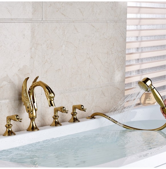 Golden Swan Style Brass Golden Bathtub Tub Faucet Deck Mounted Hot and Cold Water Bath Shower Mixer Taps