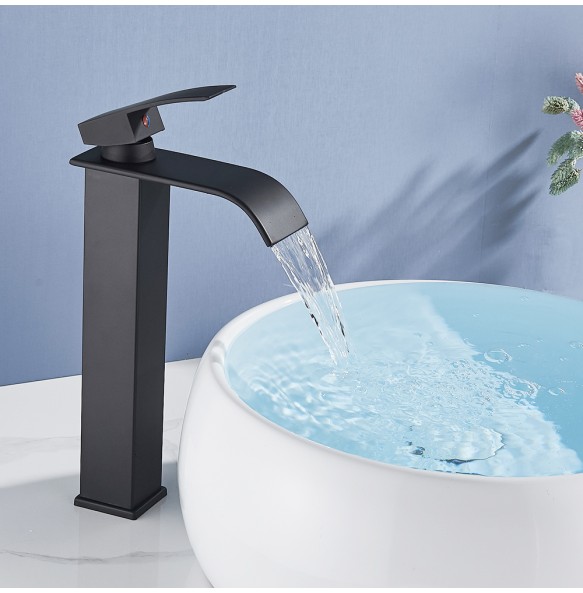 2024 New Black Waterfall Basin Sink Faucet Tall Bathroom Mixer Tap Wide Spout Vessel Sink Fauet Hot Cold Water Tap