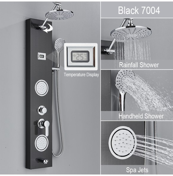 Black Shower Panel With Storage Rack Rainfall Shower Faucet Set SPA Massage Jet Bath Shower Column Double Handle Mixer Tap Tower