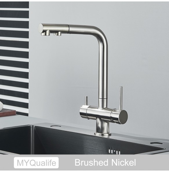 Chrome Brass Pull Out Filtered Kitchen Faucet Dual Handle Hot Cold Drinking Water 3-Way Filter Purification Mixer Taps