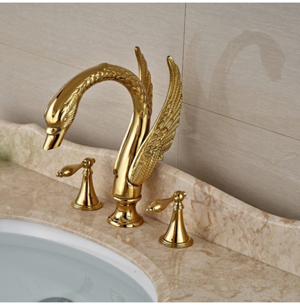 Swan Shape Dual Handle Golden Washing Basin Faucet Widespread Deck Mounted Bathroom Basin Mixer Tap with Hot and Cold Water