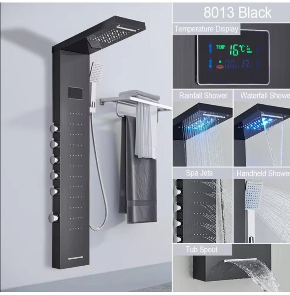 Rain Waterfall LED Shower Panel Black Shower Column Tower Digital Screen TEMP 3 Handle Mixer Tap Spray Bidet Shower Mixer Faucet