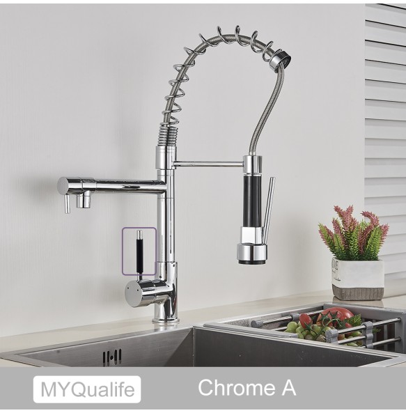 Matte Black Finish Dual Spout Kitchen Sink Faucet Deck Mount Spring Kitchen Mixer Tap Kitchen Hot and Cold Water tap