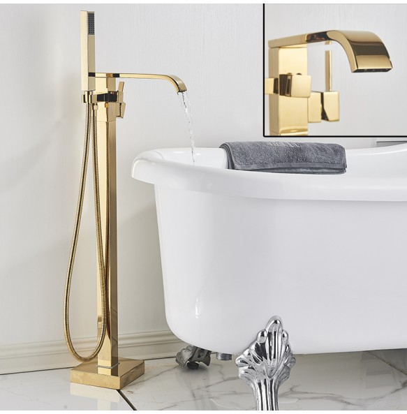 Luxury Gold Bathtub Faucet Freestanding Bathroom Faucet with Handshower Swive Spout Floor Mounted Bath Shower Mixer Tap