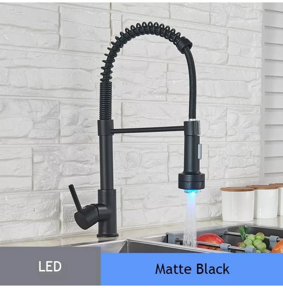 Matte Black LED Kitchen Sink Faucet Spring Hot and Cold Water Tap Pull Down 2 Models Gold Kitchen Crane