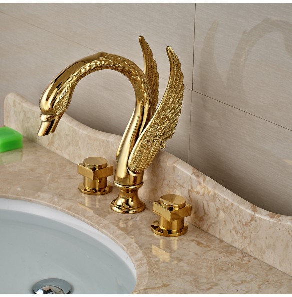 Swan Shape Dual Handle Golden Washing Basin Faucet Widespread Deck Mounted Bathroom Basin Mixer Tap with Hot and Cold Water