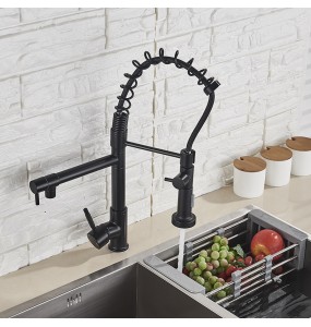 Matte Black Finish Dual Spout Kitchen Sink Faucet Deck Mount Spring Kitchen Mixer Tap Kitchen Hot and Cold Water tap