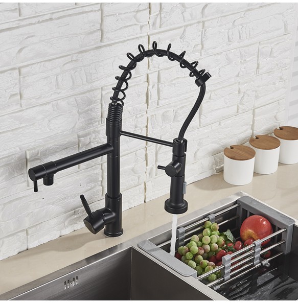 Matte Black Finish Dual Spout Kitchen Sink Faucet Deck Mount Spring Kitchen Mixer Tap Kitchen Hot and Cold Water tap