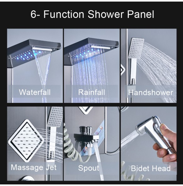 Rain Waterfall LED Shower Panel Black Shower Column Tower Digital Screen TEMP 3 Handle Mixer Tap Spray Bidet Shower Mixer Faucet