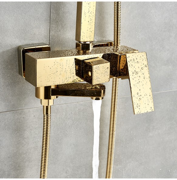 Golden Copper Shower Set Faucet Wall Mounted Hot and Cold Bathtub Shower Column Square 8