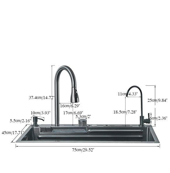 304 Stainless Steel Waterfall Kitchen Sink Large Single Slot Integrated Digital Display Faucet Set Soap Dispenser knife Board