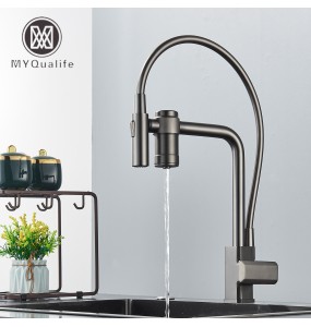 Gun Grey Pure Water Filter Kitchen Faucet Dual Handle Hot and Cold Drinking Water Pull Out Mixer Soft Hose Crane Purification