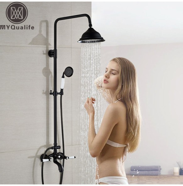 Black Bronze Bathtub Shower Set Faucet Dual Ceramic Handle Bathroom Shower Mixers 8