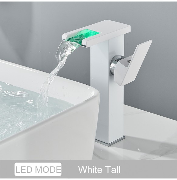 2024 New Black LED Waterfall Basin Bathroom Faucet Deck Mounted Hot Cold Water Mixer Taps Three Color Change By Water Flow