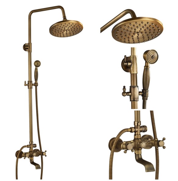 Antique Brass Shower Faucet Mixers Dual Handle Rainfall 8