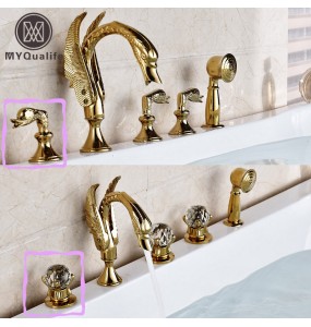 Golden Swan Style Brass Golden Bathtub Tub Faucet Deck Mounted Hot and Cold Water Bath Shower Mixer Taps